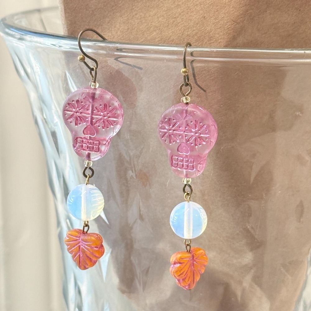 Czech Pink Sugar Skull Glass Bead Opalite Dangle Hook Earrings Hand Crafted - Picture 4 of 5